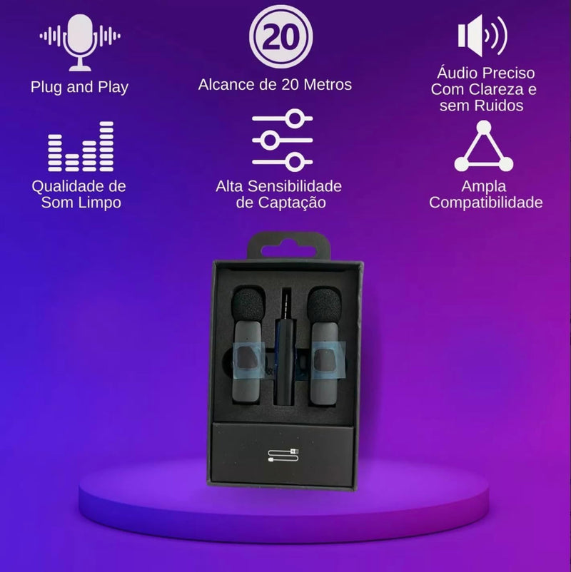 Microfone de Lapela Duplo Sem Fio Bluetooth USB-C