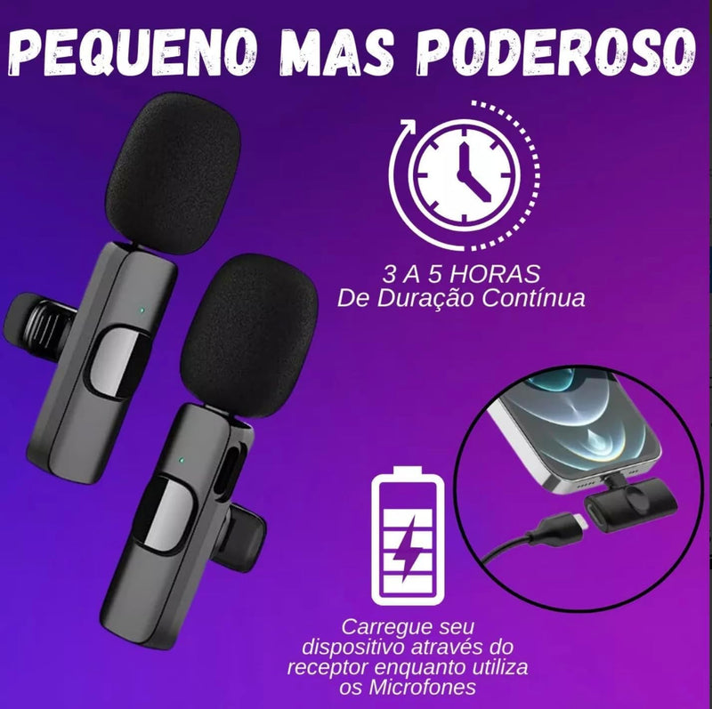 Microfone de Lapela Duplo Sem Fio Bluetooth USB-C